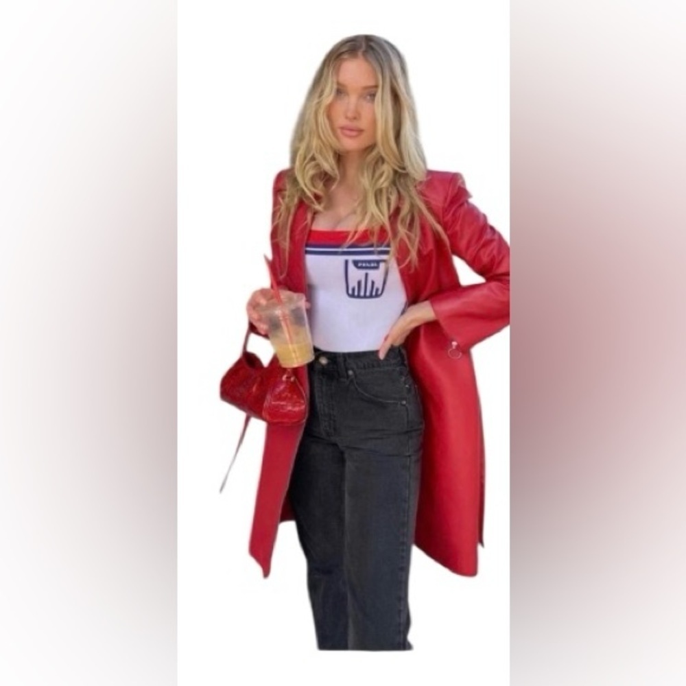 Orseund Iris Red Vegan Leather Belted Trench Coat Jacket Statement Designer L - Picture 2 of 15